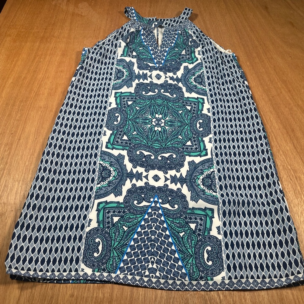 Cremieux Dress Women 4 Blue Paisley Geometric Halter Keyhole Mini Sleeveless